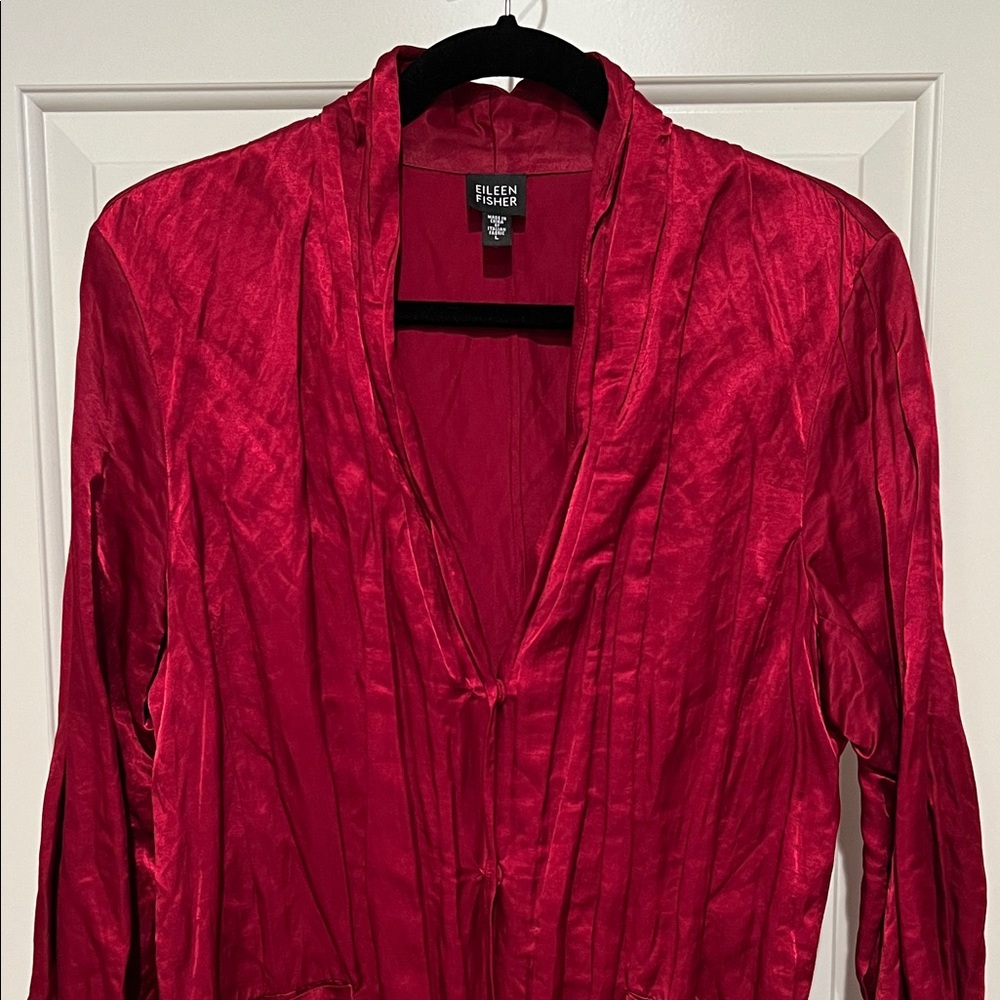 💕Eileen Fisher Crinkle Texture Long Jacket Duster Red Size L💕